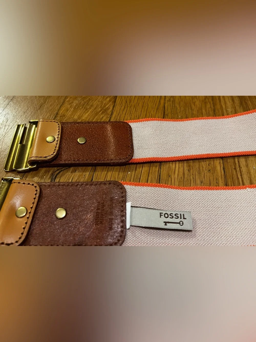 Fossil Beige Elastic Belt with Tan Leather and Gold-Tone Buckle